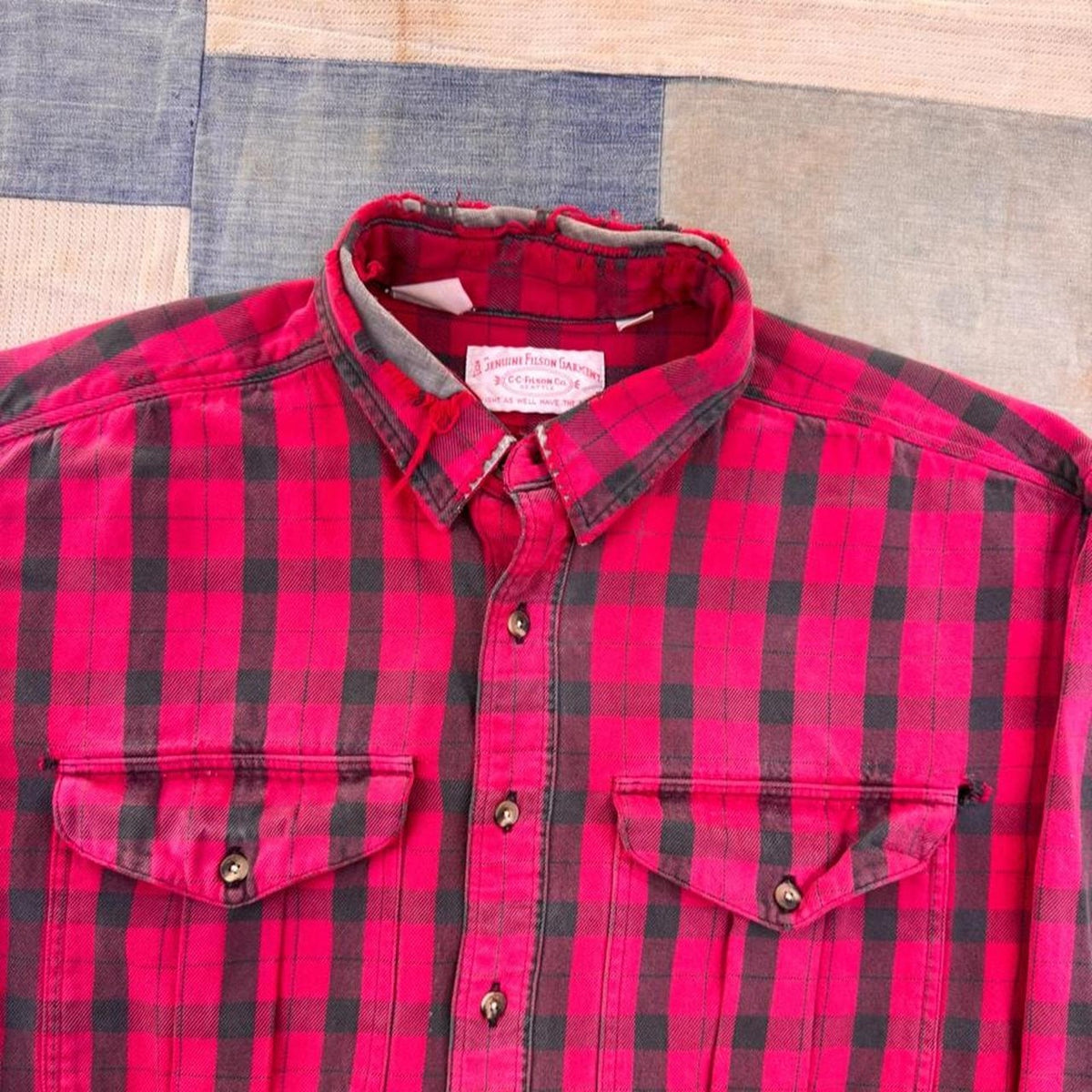 1990s C.C. Filson Red Black Buffalo Plaid Flannel Work Shirt | XL Distressed