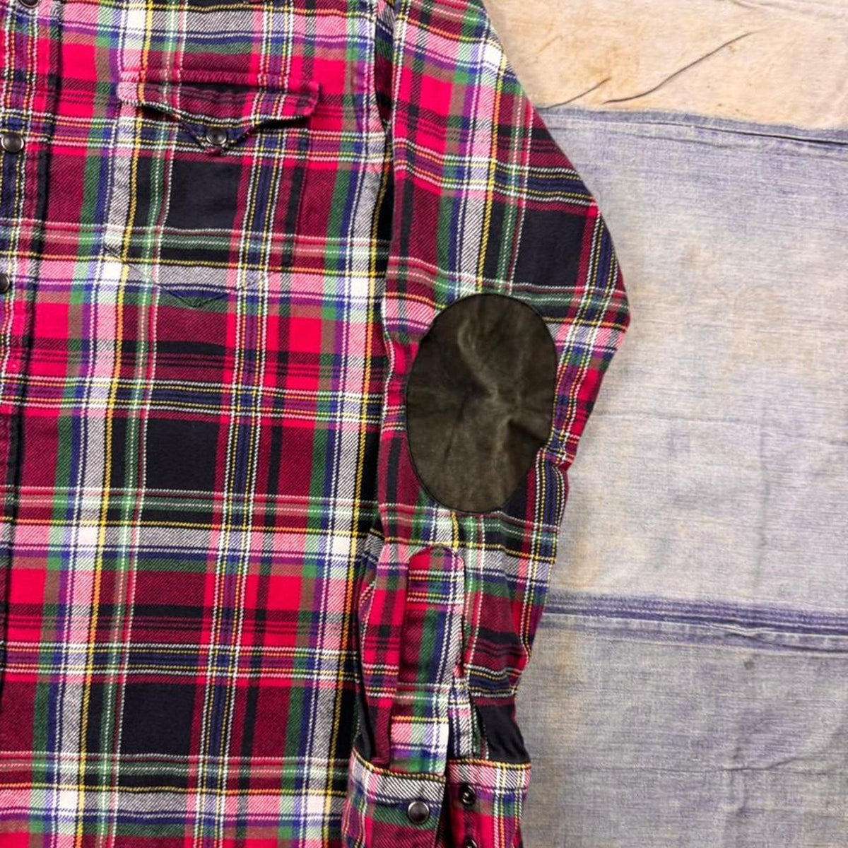 2000s Polo Ralph Lauren Tartan Plaid Flannel Western Shirt Suede Elbow Patches | Medium