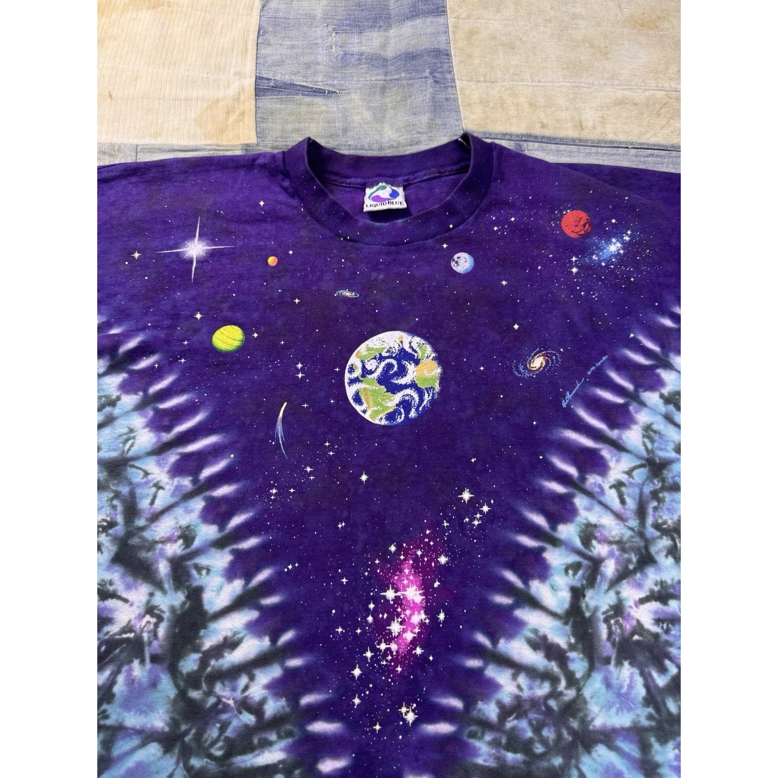 Liquid Blue Earth Planet Galaxy Tie Dye T Shirt XL Purple Space Graphic USA