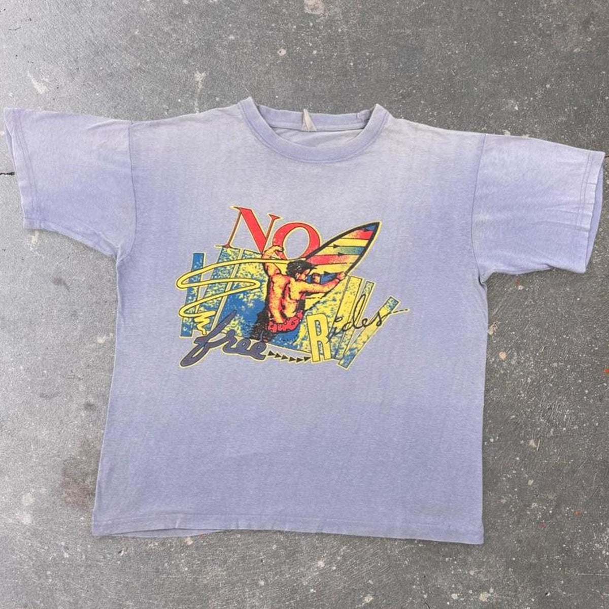 1990s No Free Rides Surf Graphic Tee Light Blue | Large