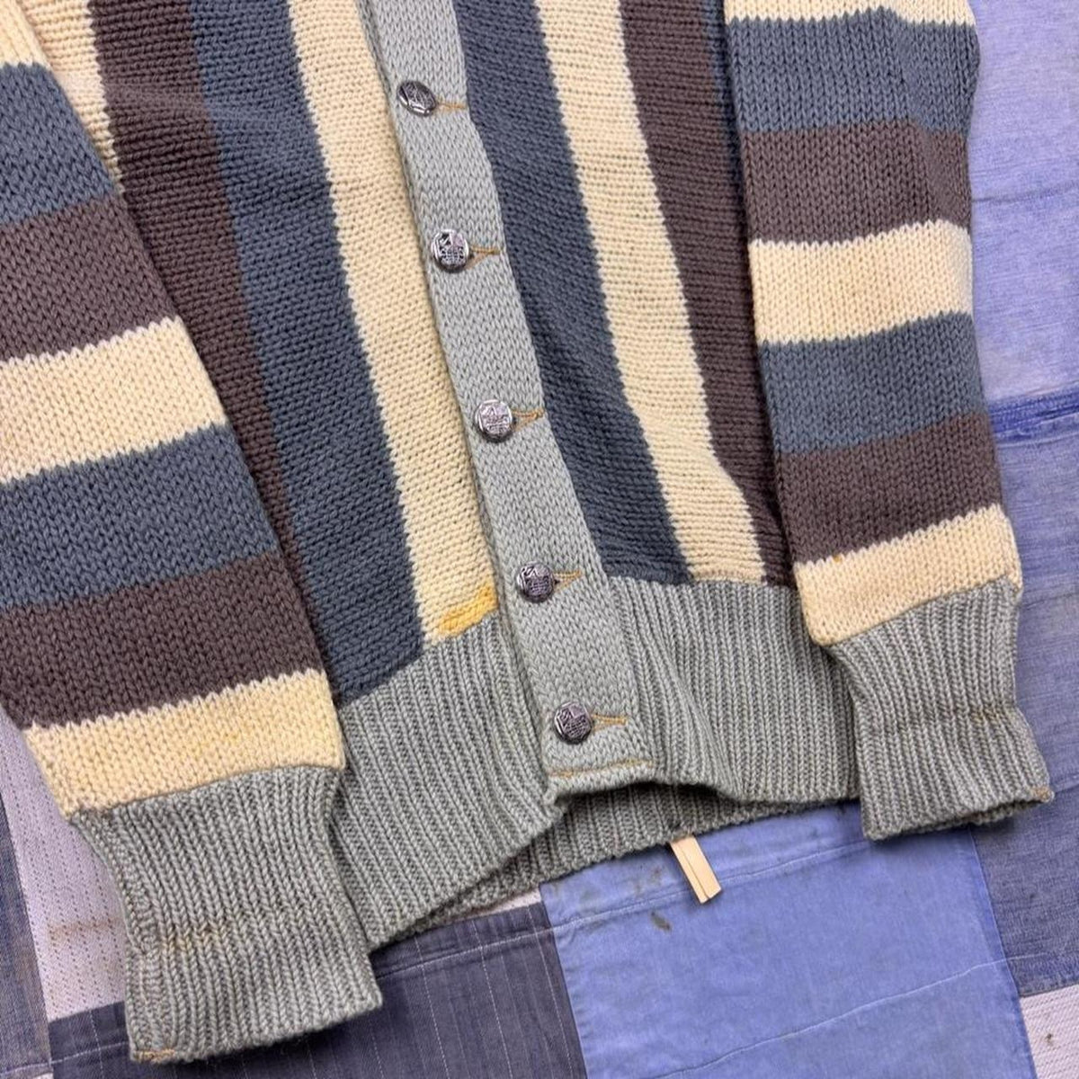 1960s Striped Shawl Collar Cardigan Cream Brown Grandpa Kurt Cobain | M