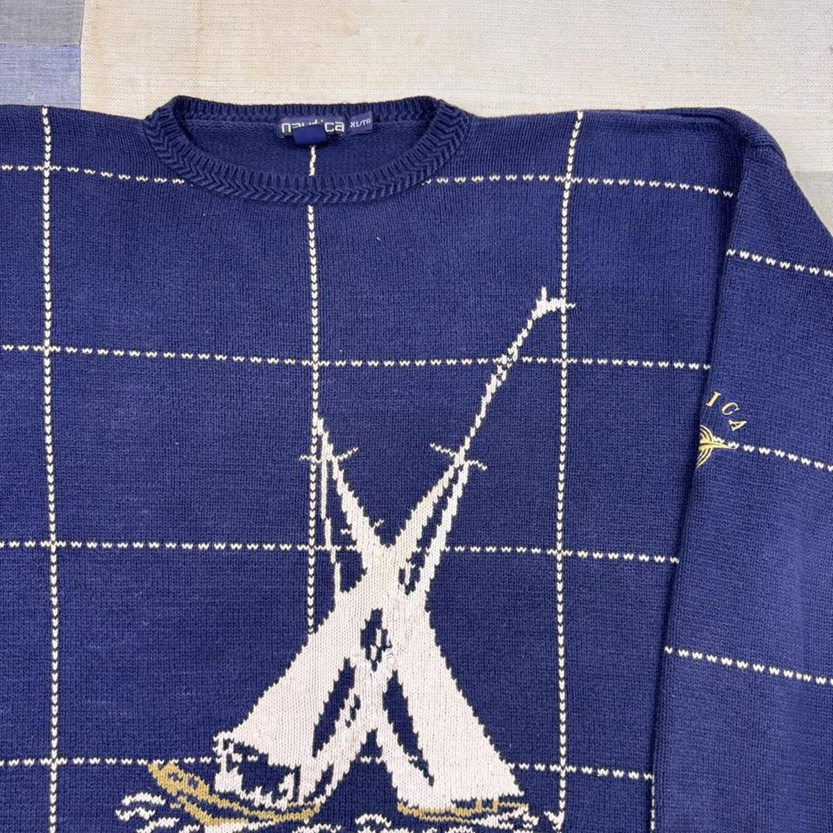 1990s Nautica Sailboat Windowpane Sweater | XL