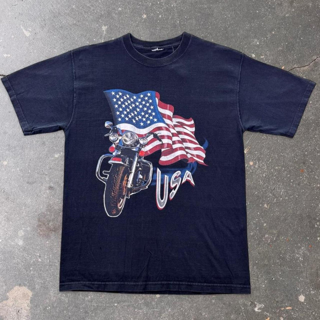 1990s USA American Flag Motorcycle Biker Graphic Tee | Medium
