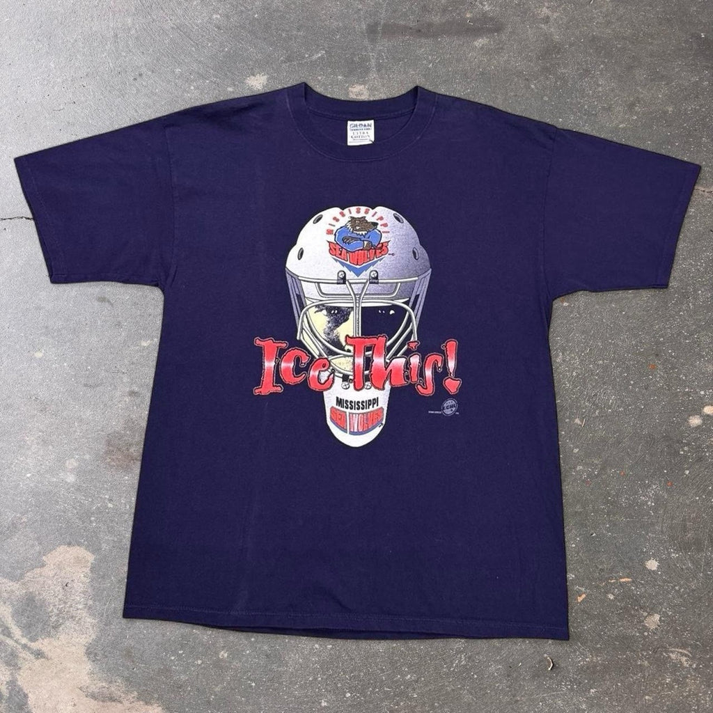Vintage Mississippi Sea Wolves Ice This ECHL Hockey T Shirt XL Gildan Y2K