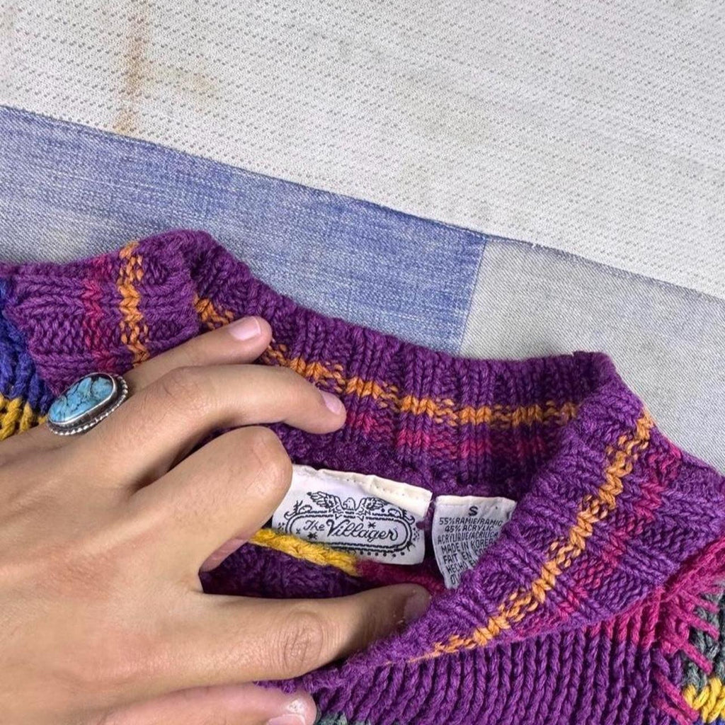 1990s Structure Hand Knit Sweater Multicolor Diamond Cable Knit Grandpa | M