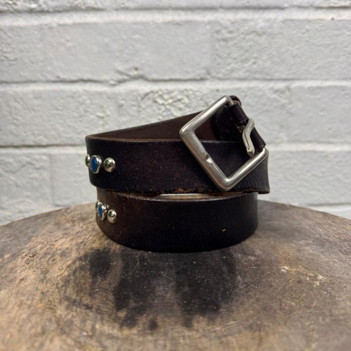 1990s JOED Brown Leather Blue Stone Studded Belt | 40”