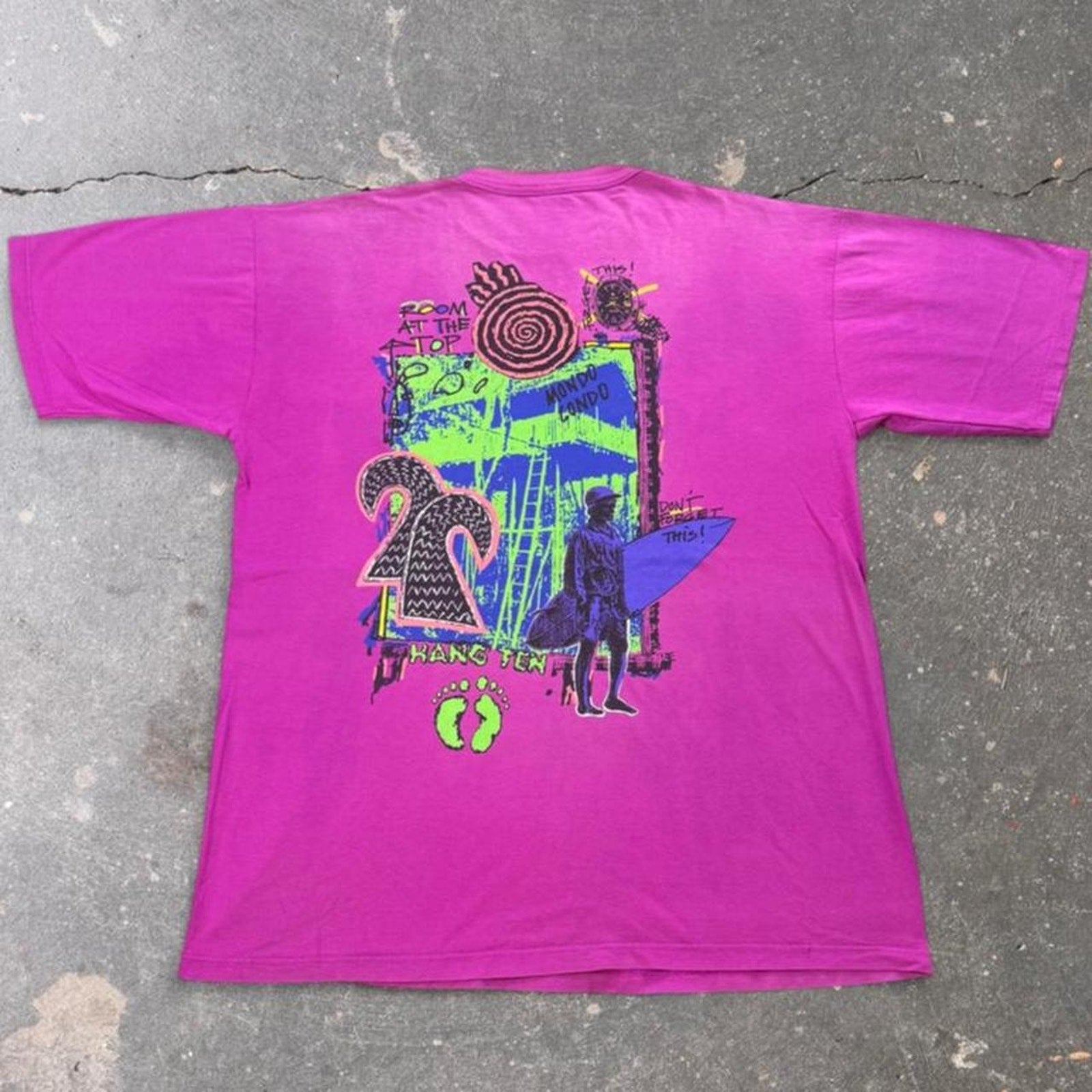1990s Hang Ten Neon Surf Graphic Tee | Large