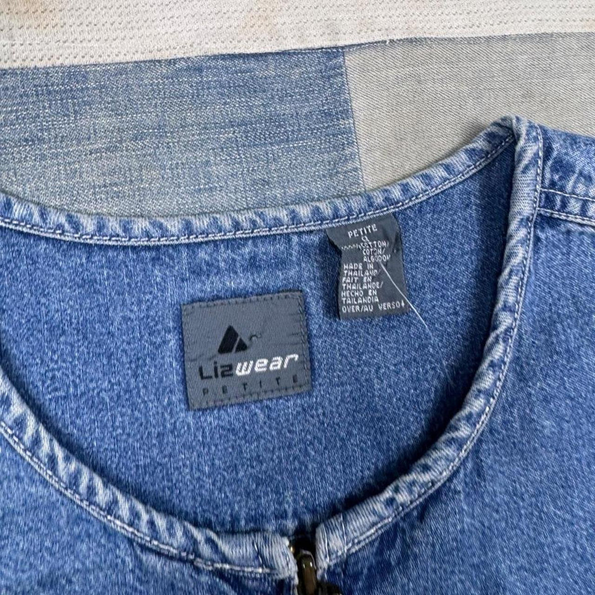 1990s Lizwear Petites Collarless Denim Zip Jacket | Medium
