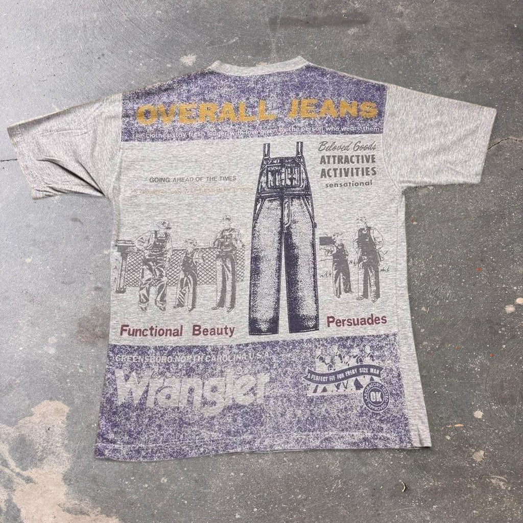 1990s Wrangler Overall Jeans All Over Print Tee | Large