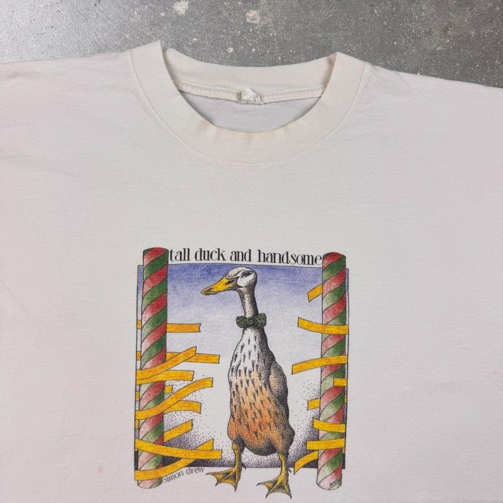 1990s Simon Drew Tall Duck and Handsome White Animal Graphic Tee | XL