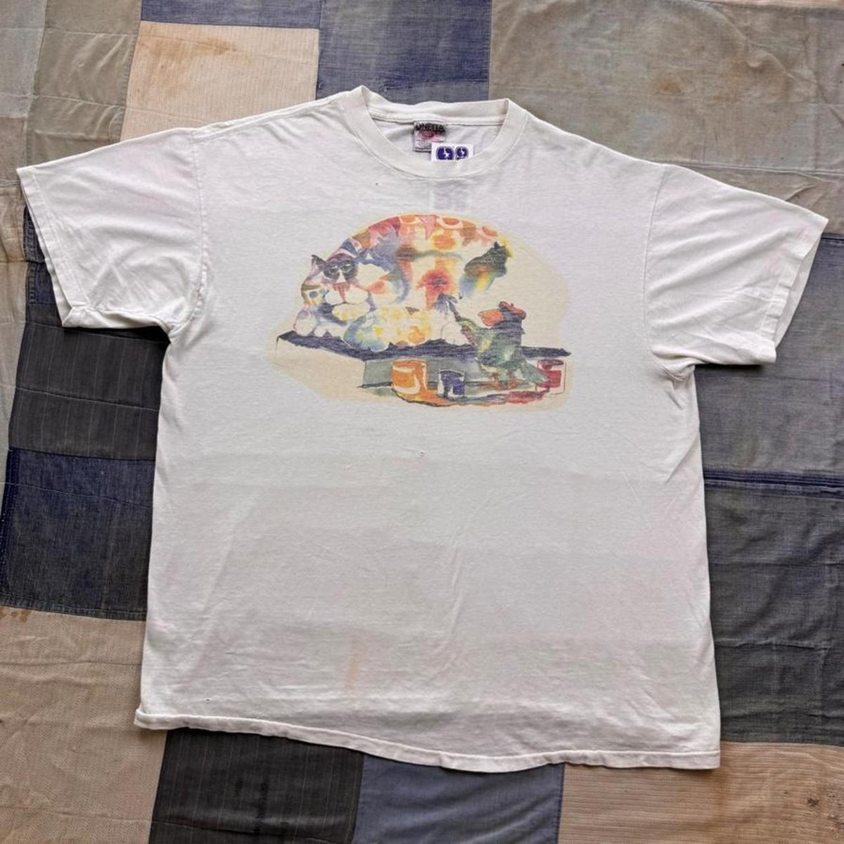 1990s Frog Painting Cat Art Graphic Tee | XL