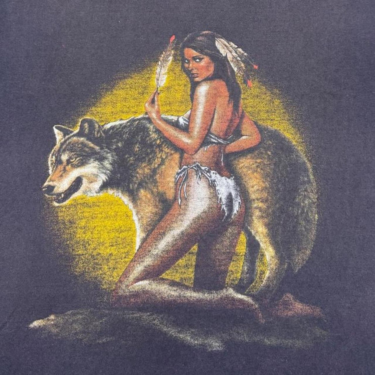 1990s Native American Woman Wolf Graphic Tee | Medium