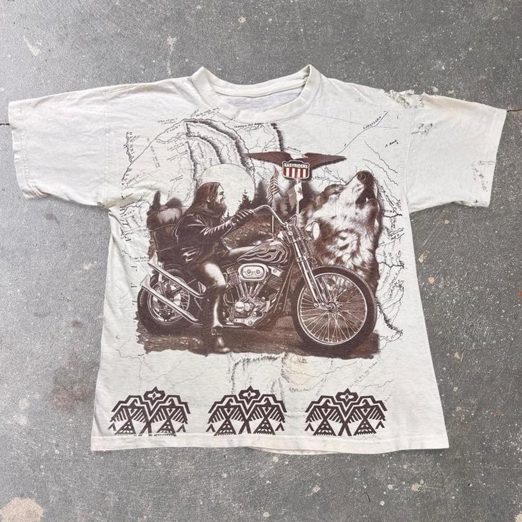 1990s Easyriders Magazine Wolf Motorcycle All Over Print Tee | Medium