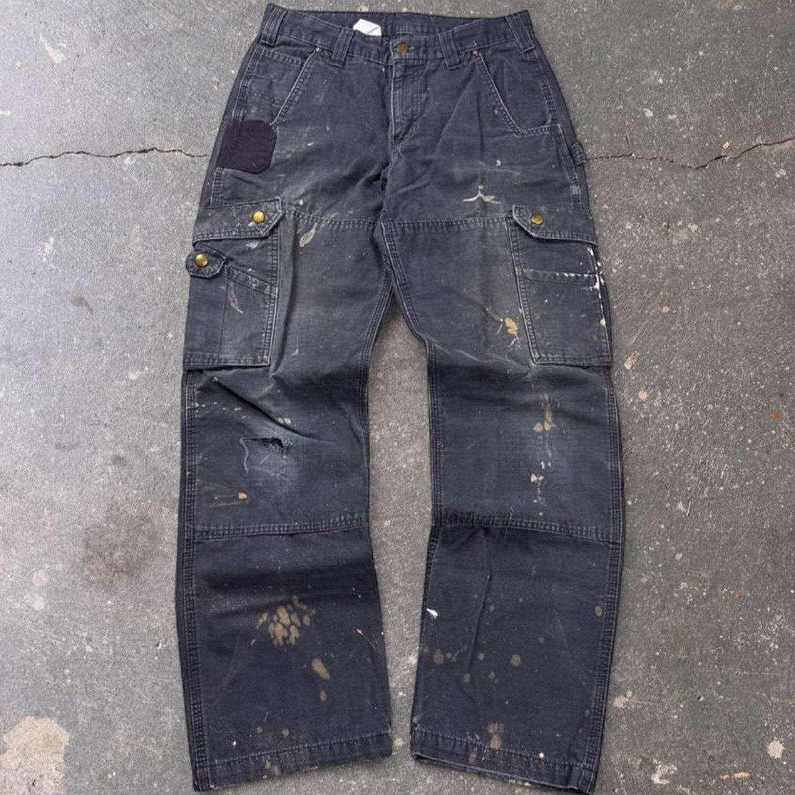 2000s Carhartt Black Ripstop Cargo Work Pants Distressed Paint Splatter | 30x30