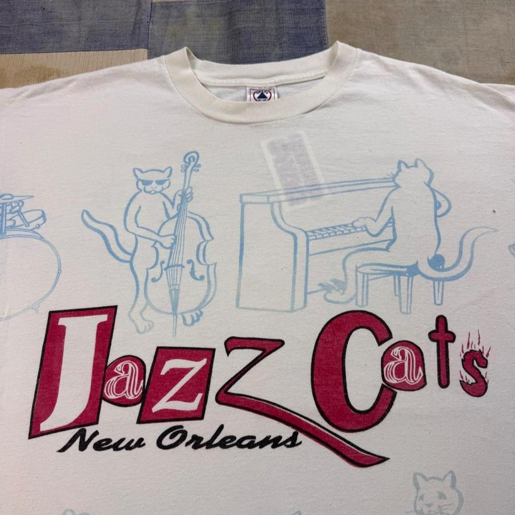 1990s New Orleans Jazz Cats All Over Print Graphic Tee | XL