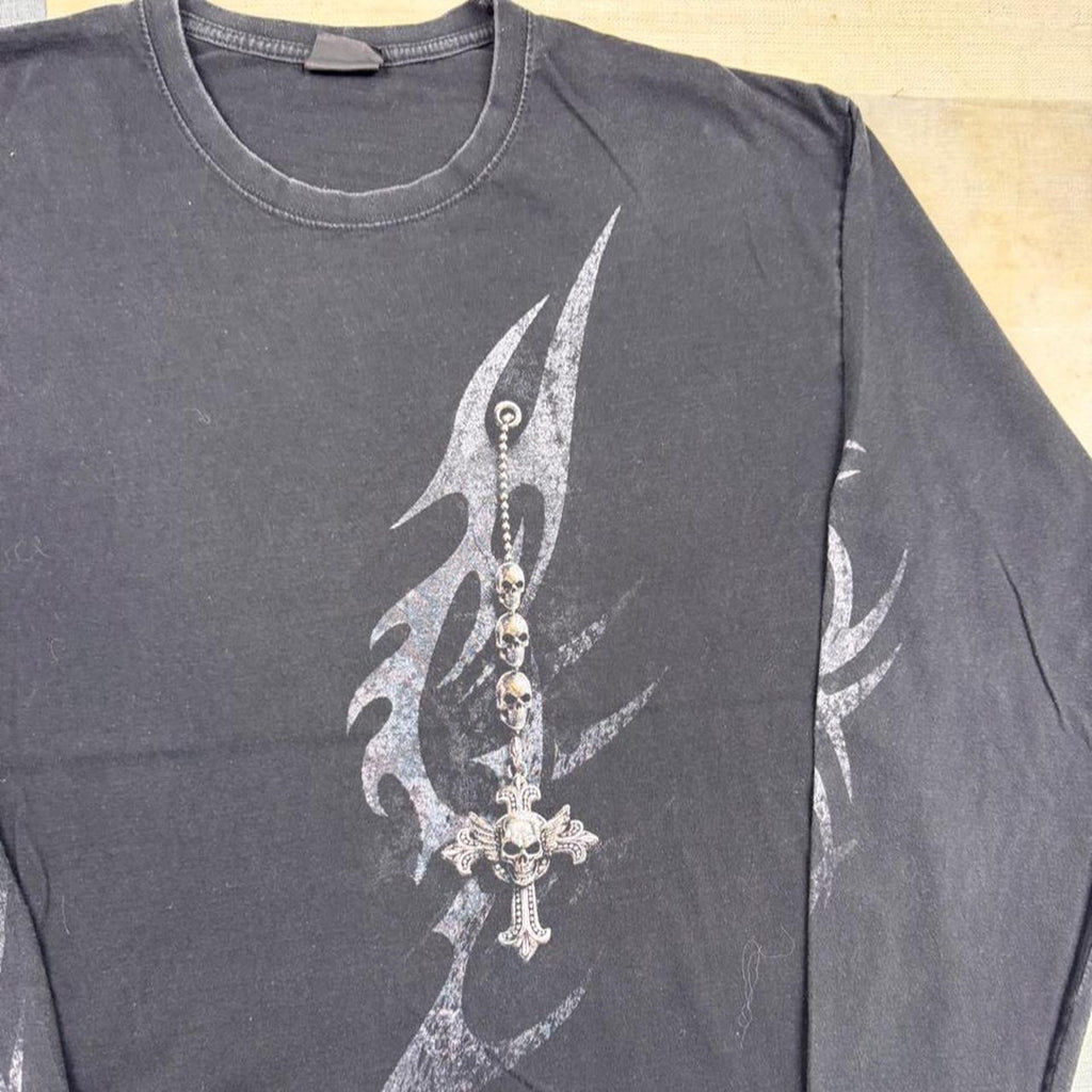2000s Spiral Direct Gothic Skull Cross Tribal Long Sleeve Tee | XX Large