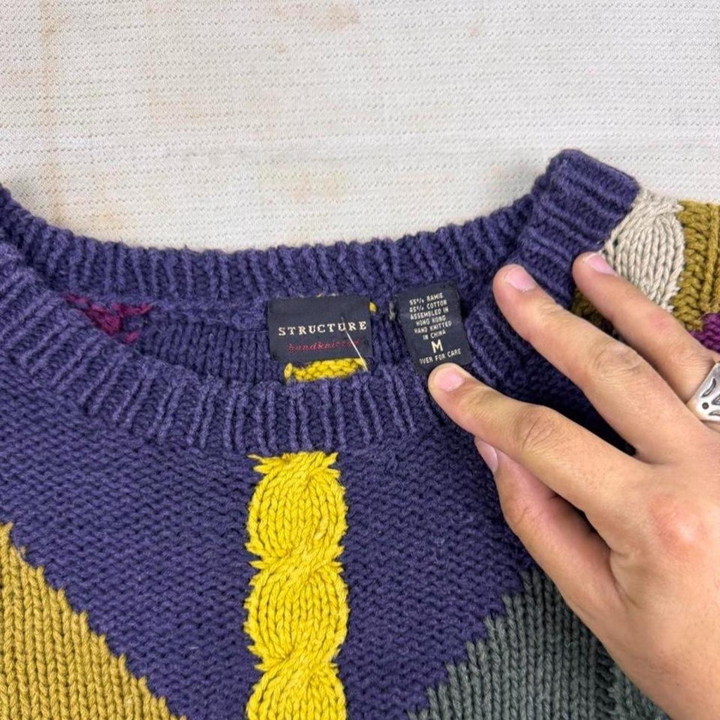 1990s Structure Hand Knit Sweater Multicolor Diamond Cable Knit Grandpa | M