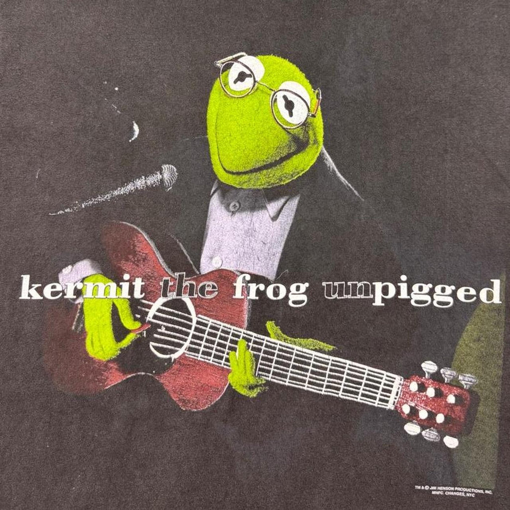 1990s Kermit the Frog Unpigged Guitar Muppets Black Graphic Tee | Medium