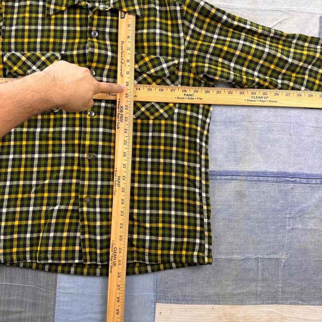 1960s Pendleton Green Yellow Plaid Wool Loop Collar Shirt | Medium