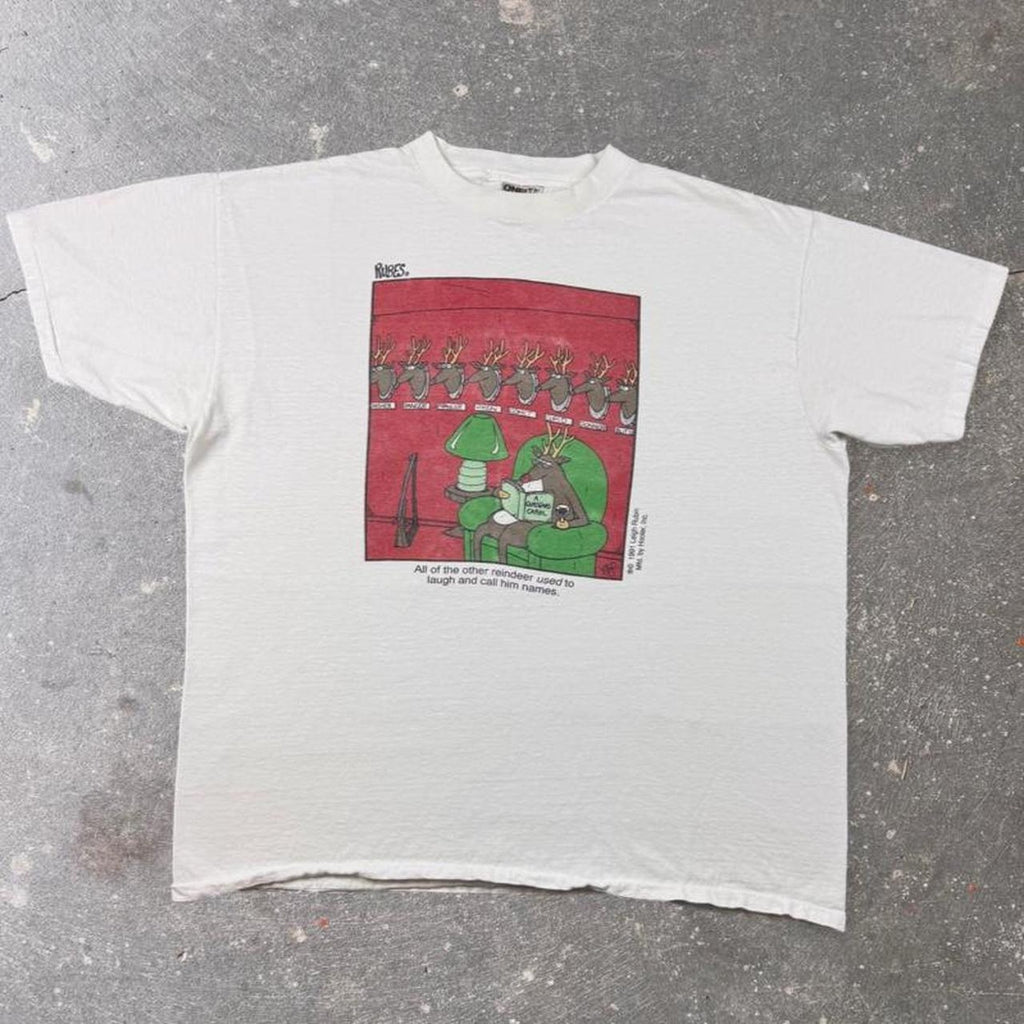 1991 Rubes Leigh Rubin Rudolph Reindeer Christmas Cartoon Tee | XL