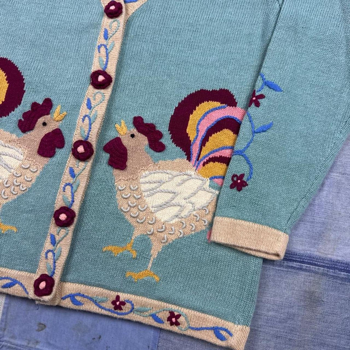 1990s Storybook Knits Rooster Embroidered Cardigan Sweater | Small