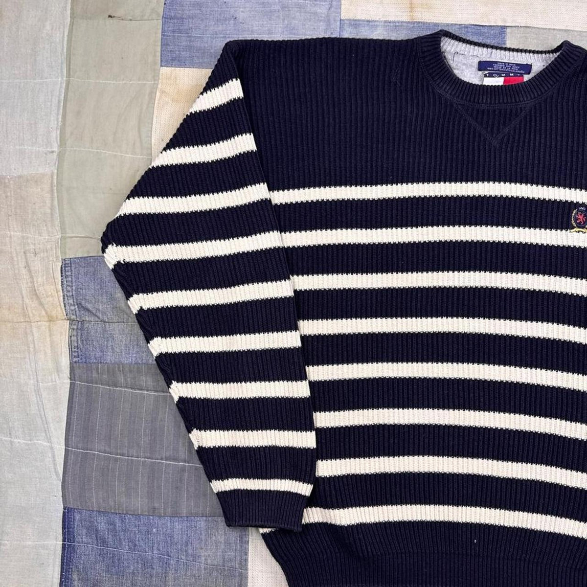 1990s Tommy Hilfiger Striped Crest Sweater Navy White | Extra Large