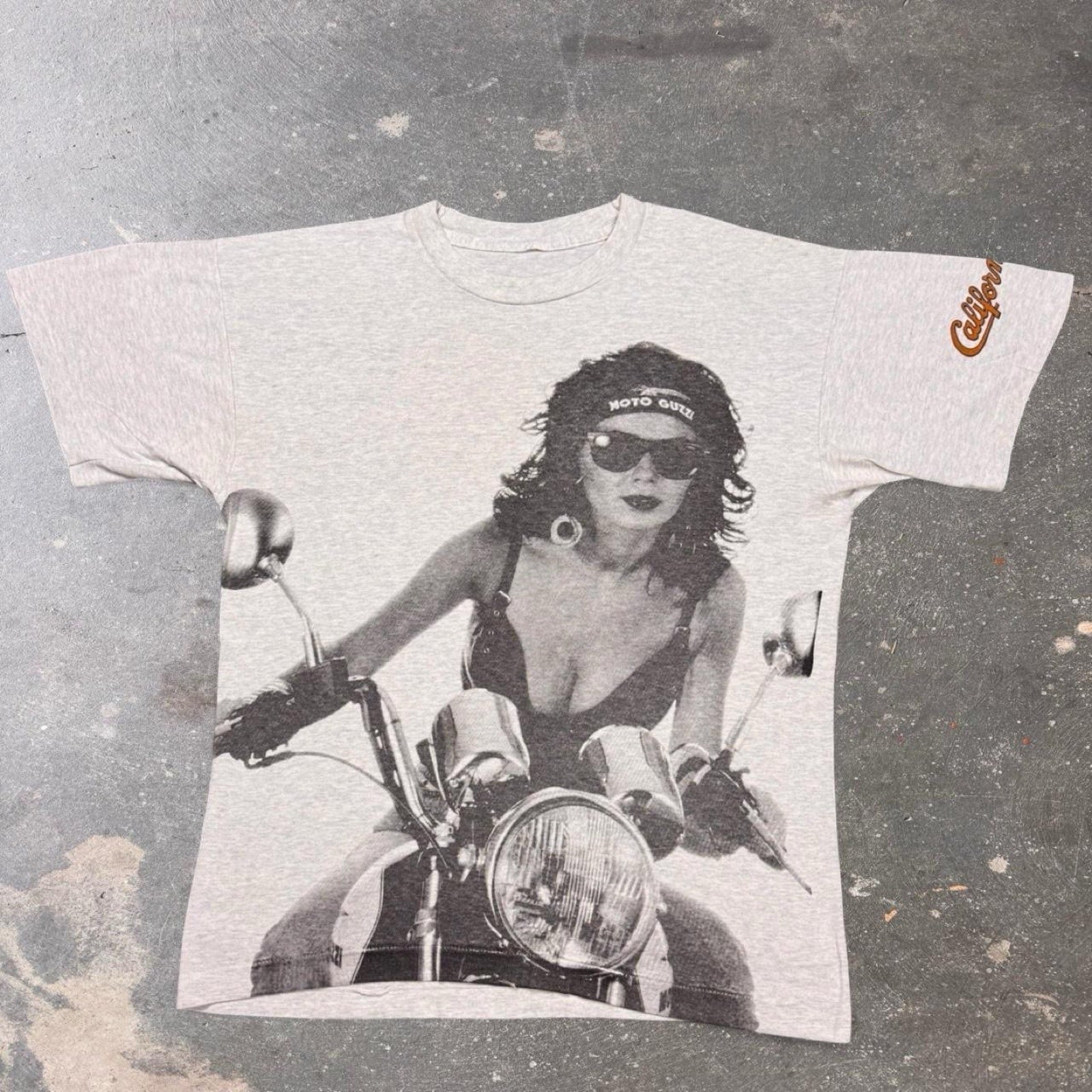 Vintage California Moto Guzzi Motorcycle All Over Print T Shirt Gray XL Biker