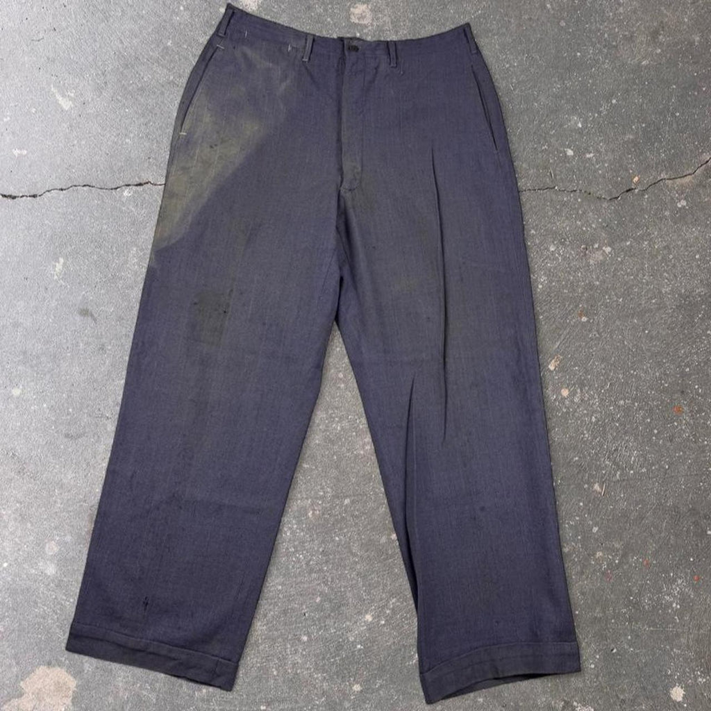 1940s Navy Blue Pinstripe Wool Button Fly Trousers | 32 x 29
