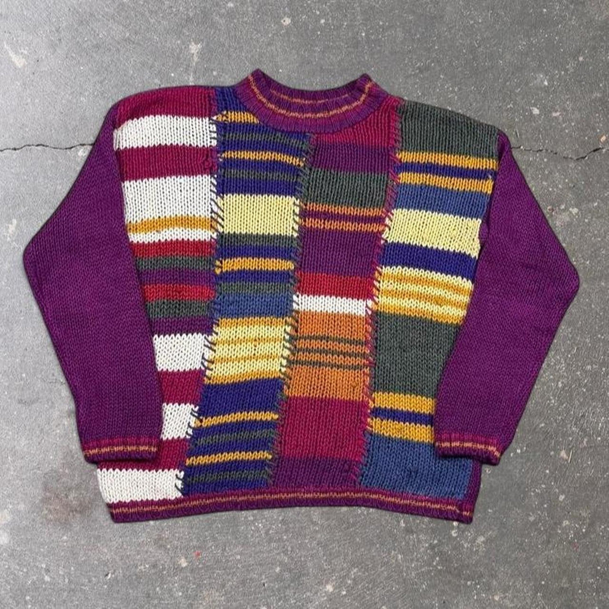 1990s Structure Hand Knit Sweater Multicolor Diamond Cable Knit Grandpa | M