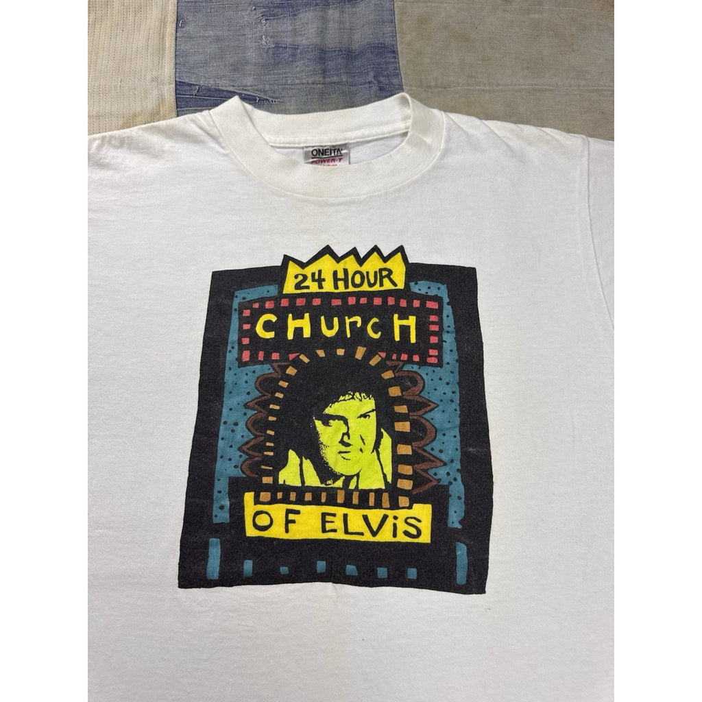 Vintage 90s 24 Hour Church Of Elvis Graphic T Shirt Oneita USA Large White