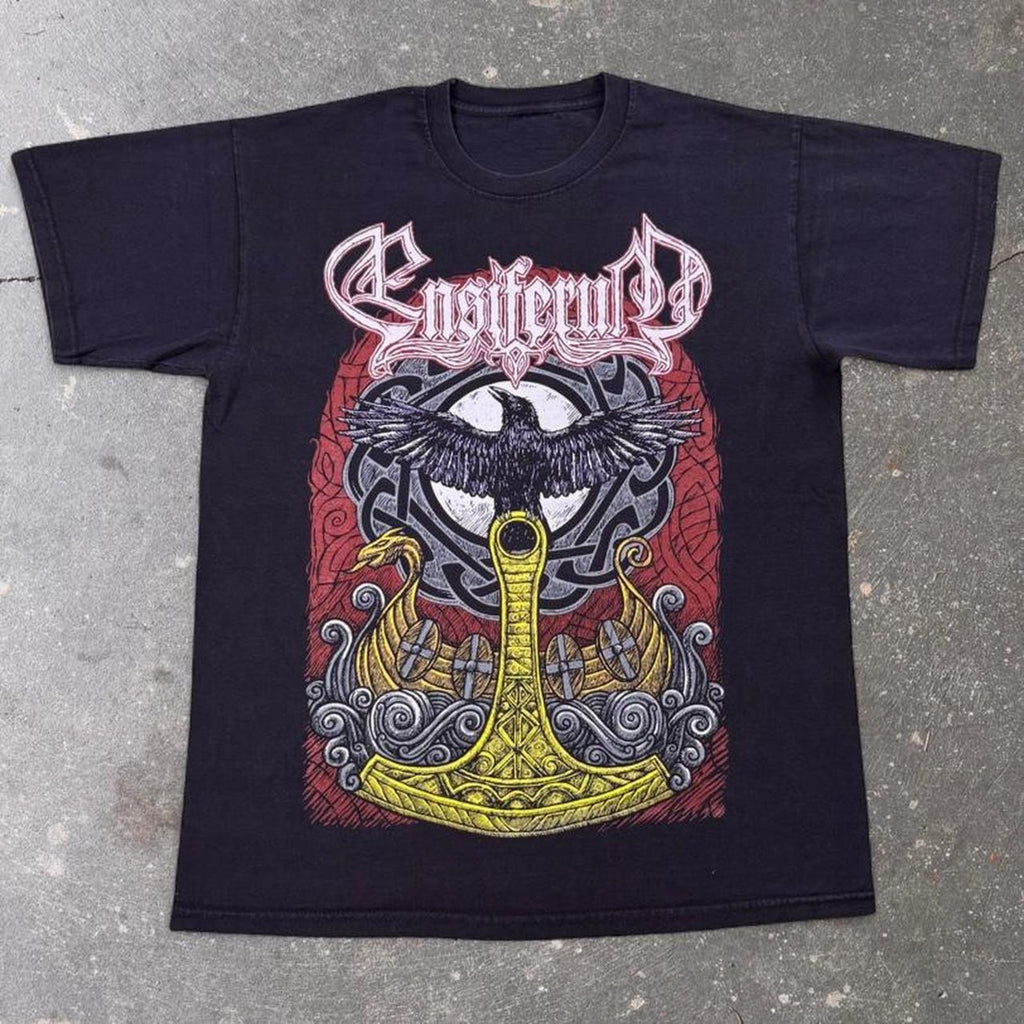 2000s Ensiferum Viking Metal Raven Longship Tee | Medium