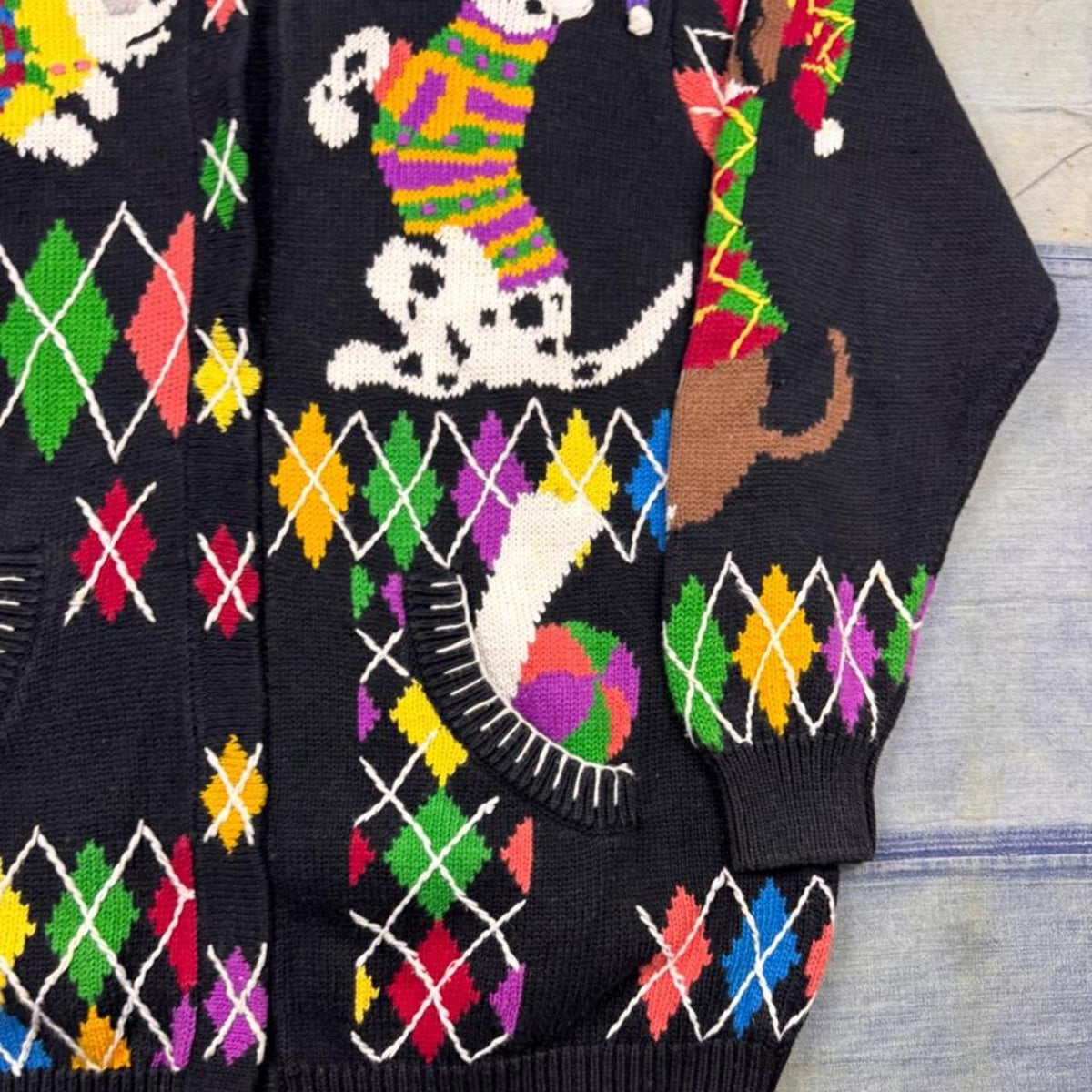 1990s Berek 2 Dog Cardigan Sweater Black Novelty Knit Argyle Dogs | M