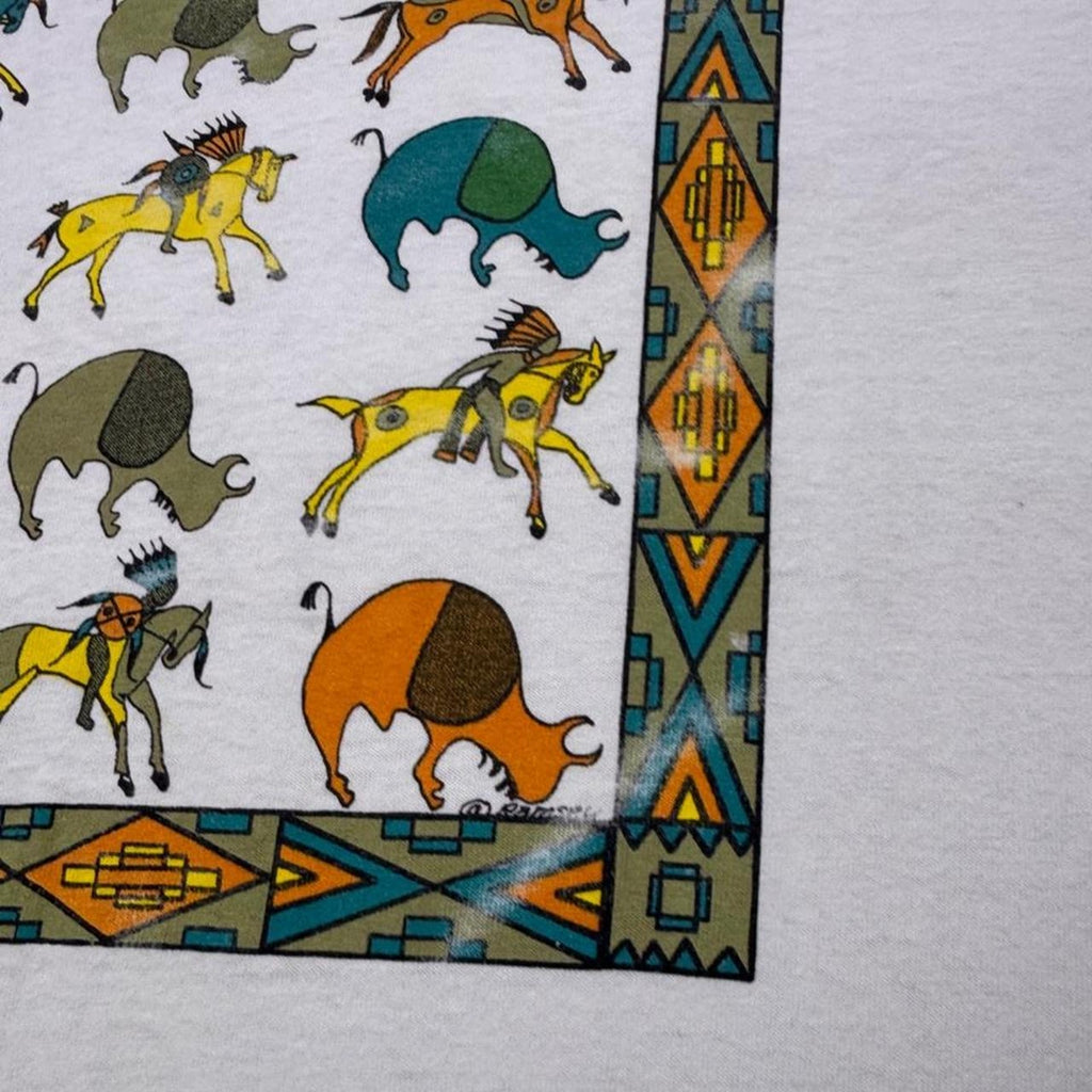 1990s Native American Buffalo and Horse Ledger Art Tee | Large
