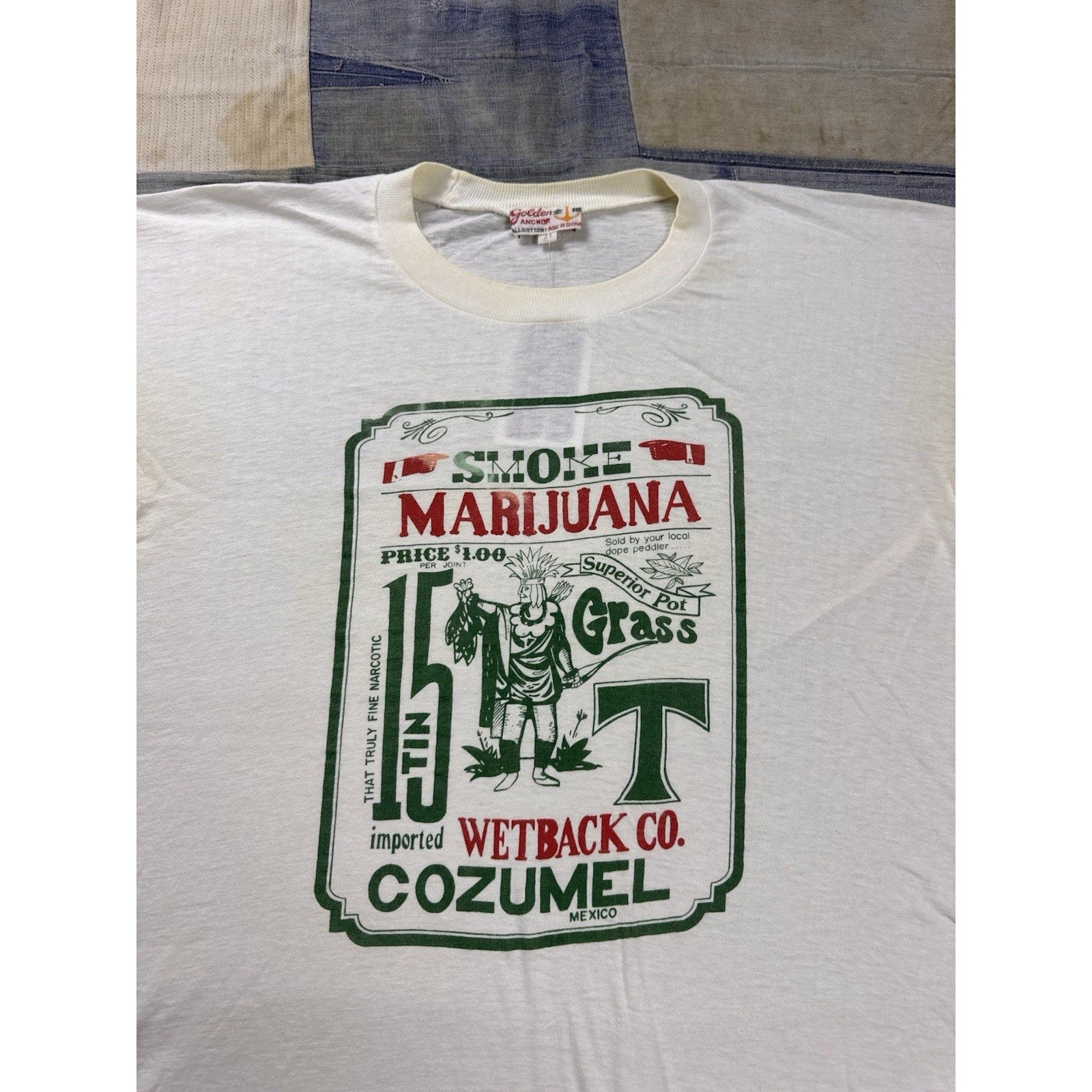 Smoke Marijuana Vintage 90s Graphic T Shirt White Golden Anchor Large Cozumel