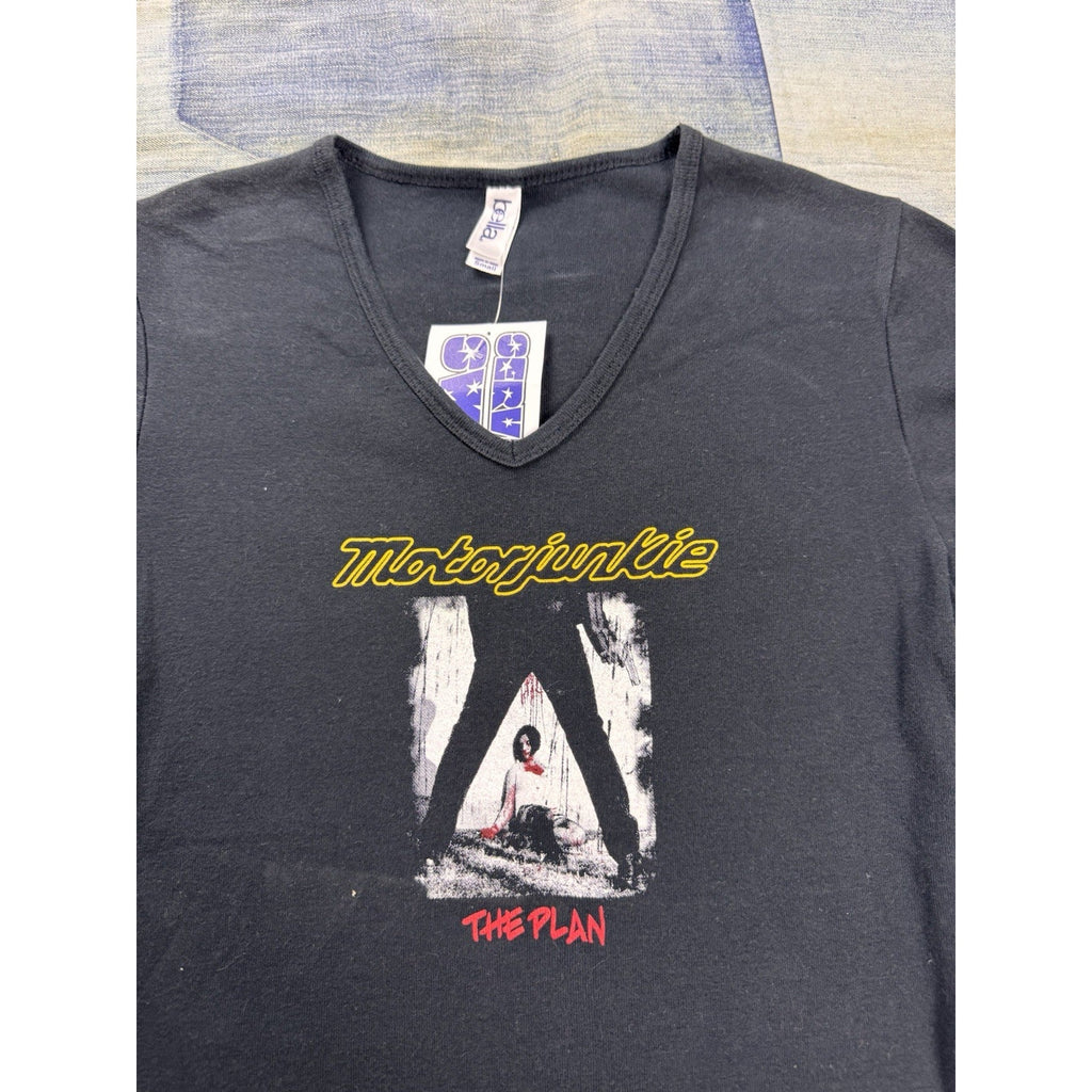 Motorjunkie The Plan Women's V-Neck Band T Shirt Black Size Small Graphic Tee
