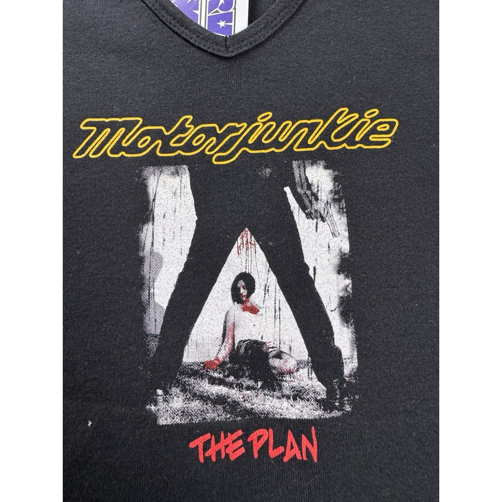 Motorjunkie The Plan Women's V-Neck Band T Shirt Black Size Small Graphic Tee