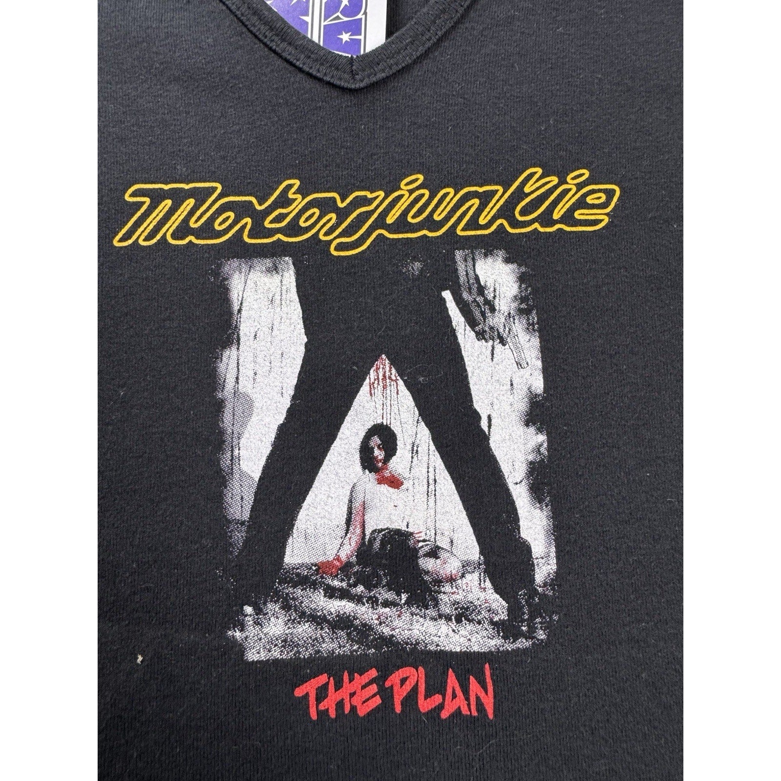 Motorjunkie The Plan Women's V-Neck Band T Shirt Black Size Small Graphic Tee