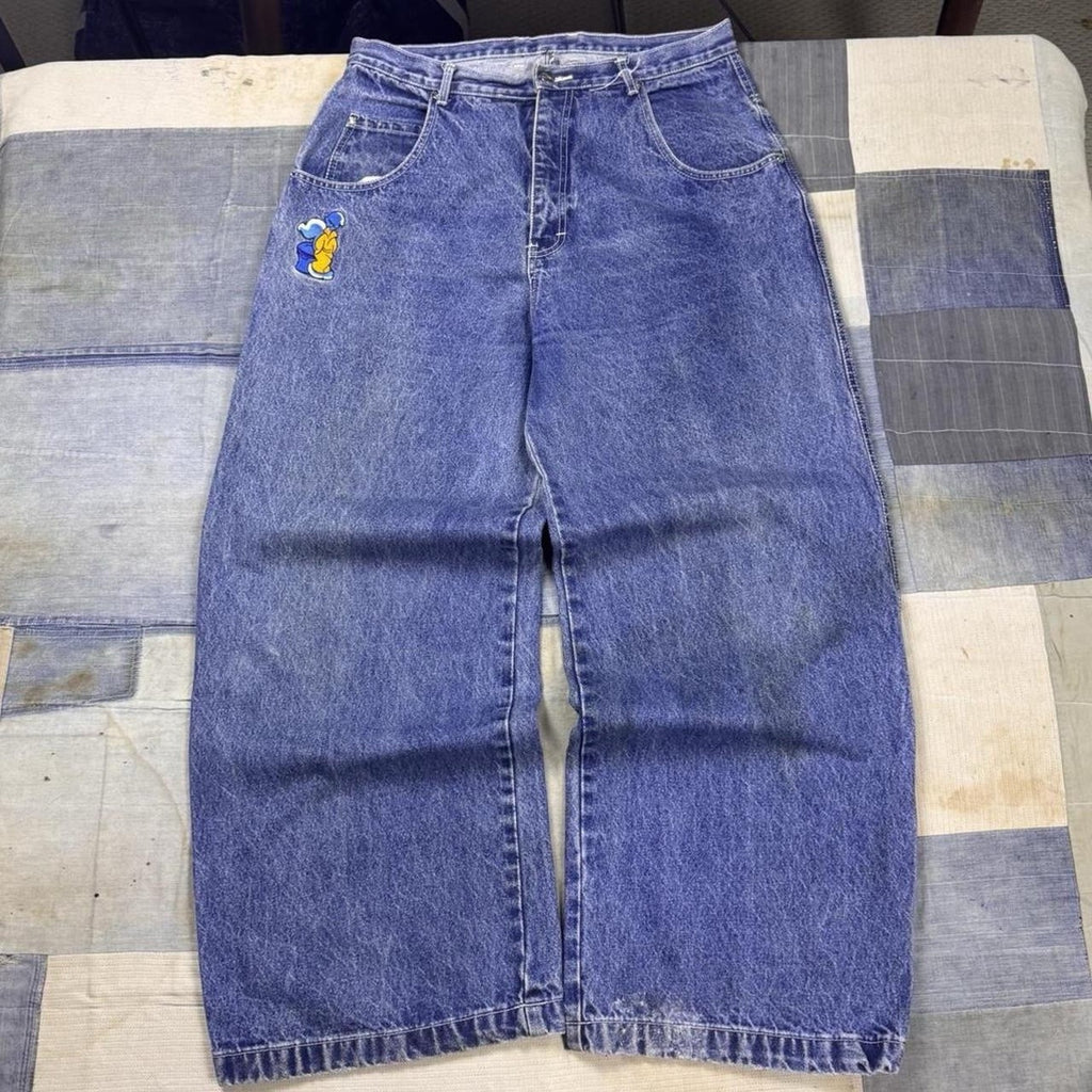 Y2K Urban Brand Wide Leg Baggy Skater Hiphop Jeans With Embroidery Size 34x30.5