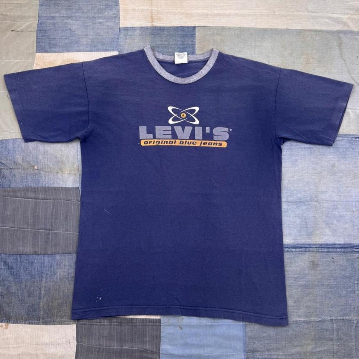 1990s Levi's Original Blue Jeans Atomic Logo Ringer Tee Made in USA | Large