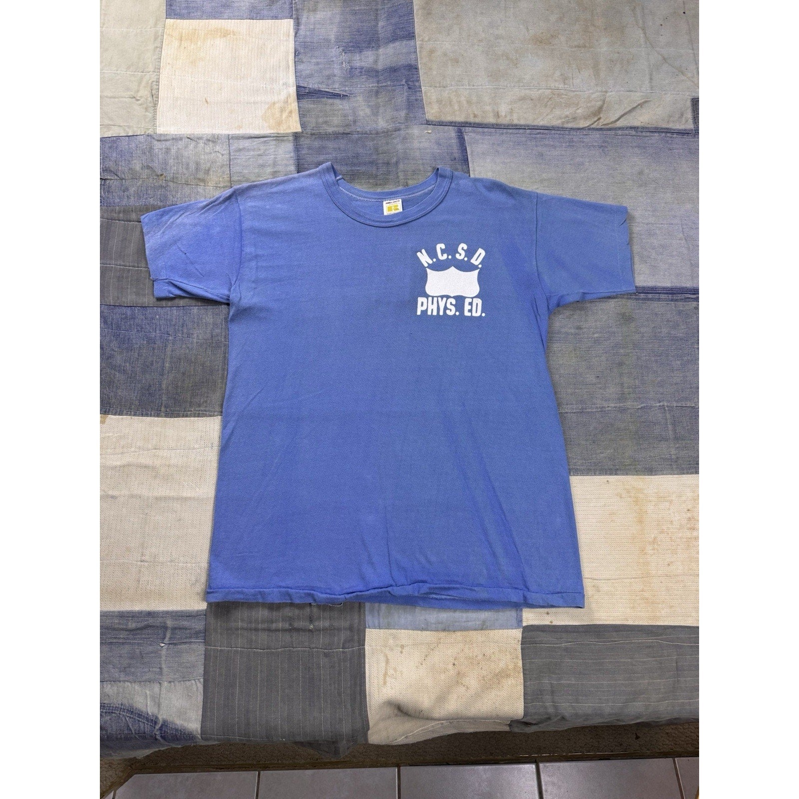 Vintage Russell Athletic MCSD Phys Ed School T Shirt Blue Made USA 90s Large
