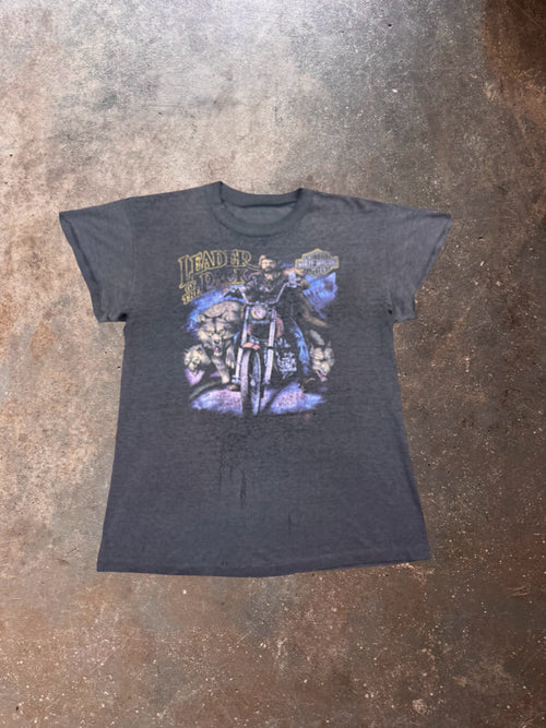 1980s Harley Davidson Heavily Distressed Leader of The Pack 3D Emblem Black T Shirt | Medium