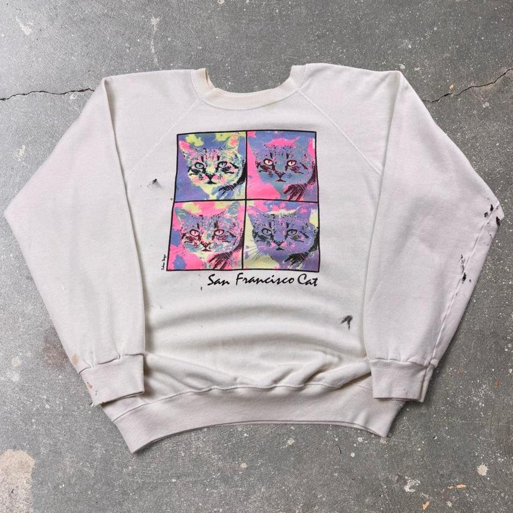1990s San Francisco Cat Pop Art Raglan Crewneck Sweatshirt | Large