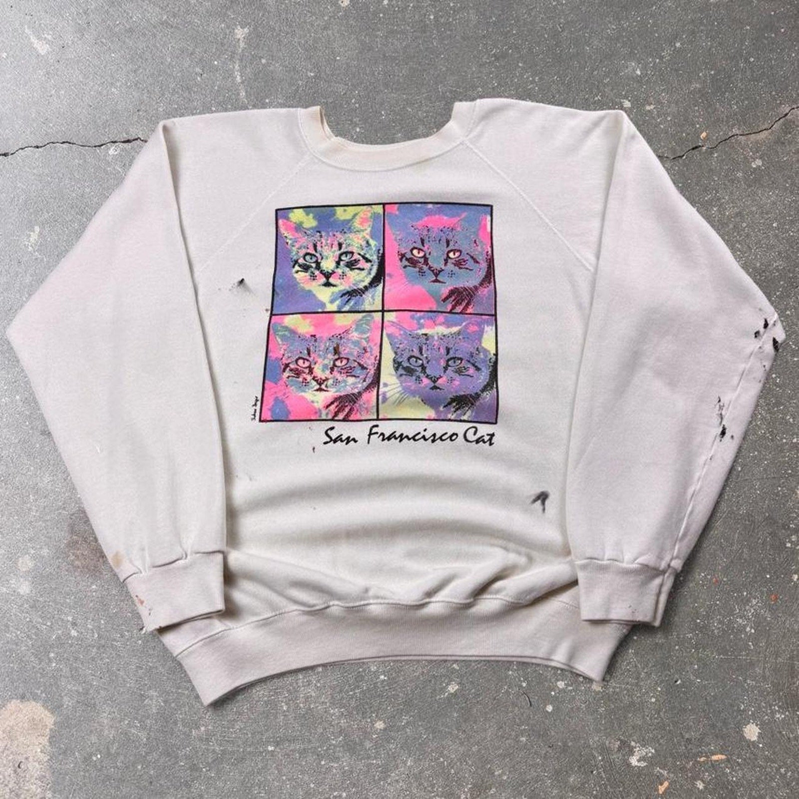 1990s San Francisco Cat Pop Art Raglan Crewneck Sweatshirt | Large