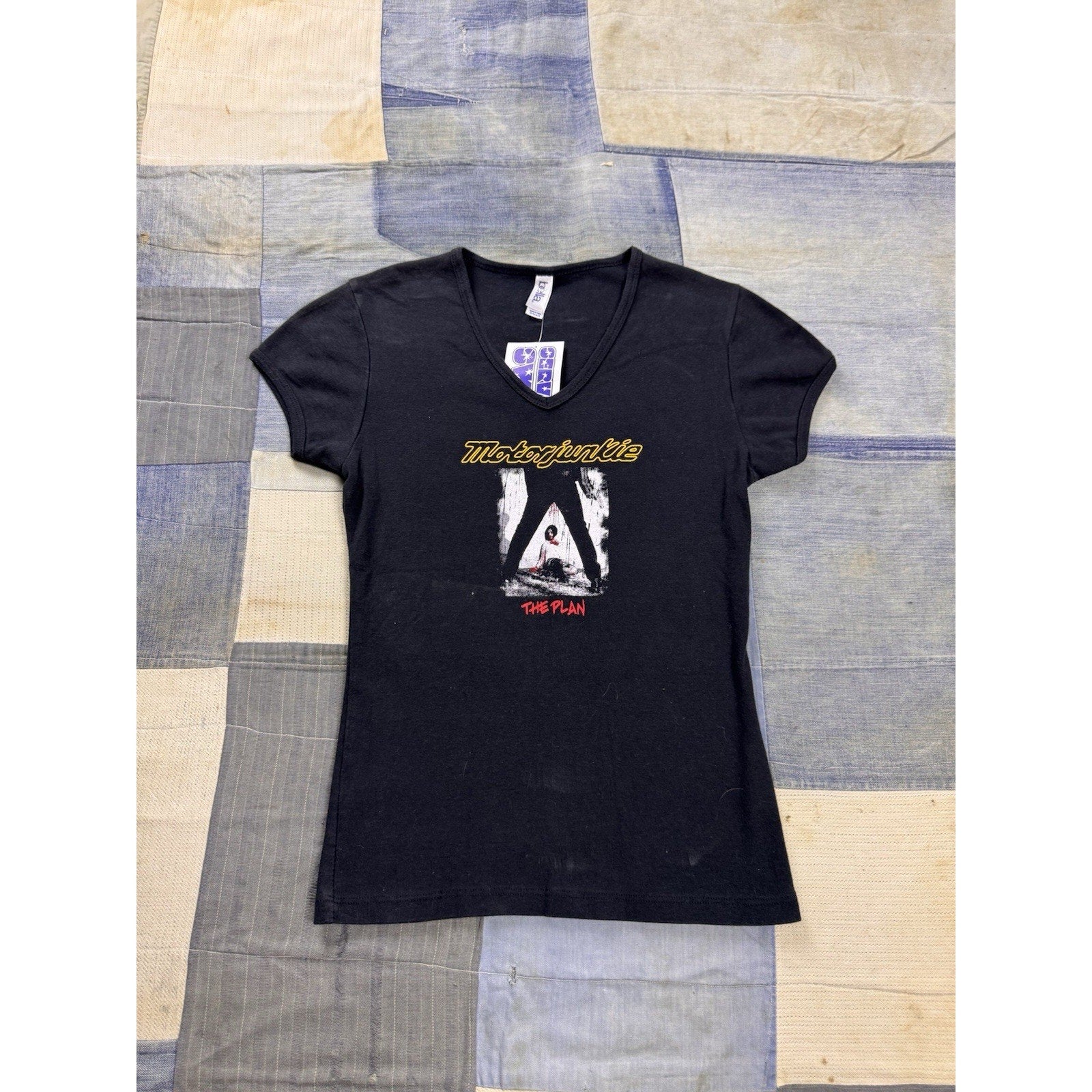 Motorjunkie The Plan Women's V-Neck Band T Shirt Black Size Small Graphic Tee