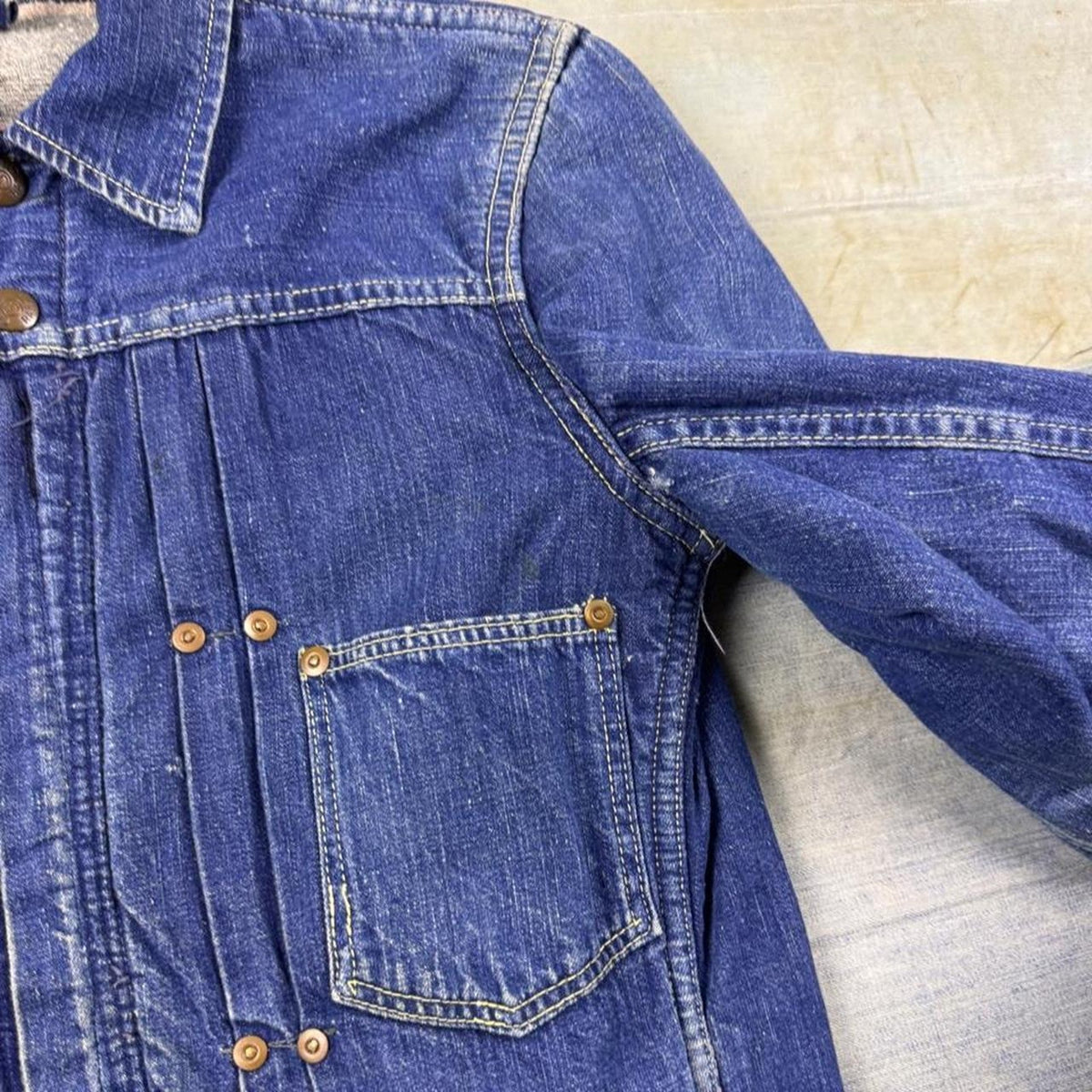 1950s Circle Ranch Blanket Lined Pleated Denim Jacket Riveted Workwear 17.5x21