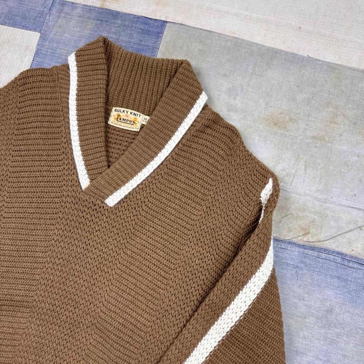 1960s Campus Bulky Knit Shawl Collar Wool Sweater Brown White Stripe | Medium
