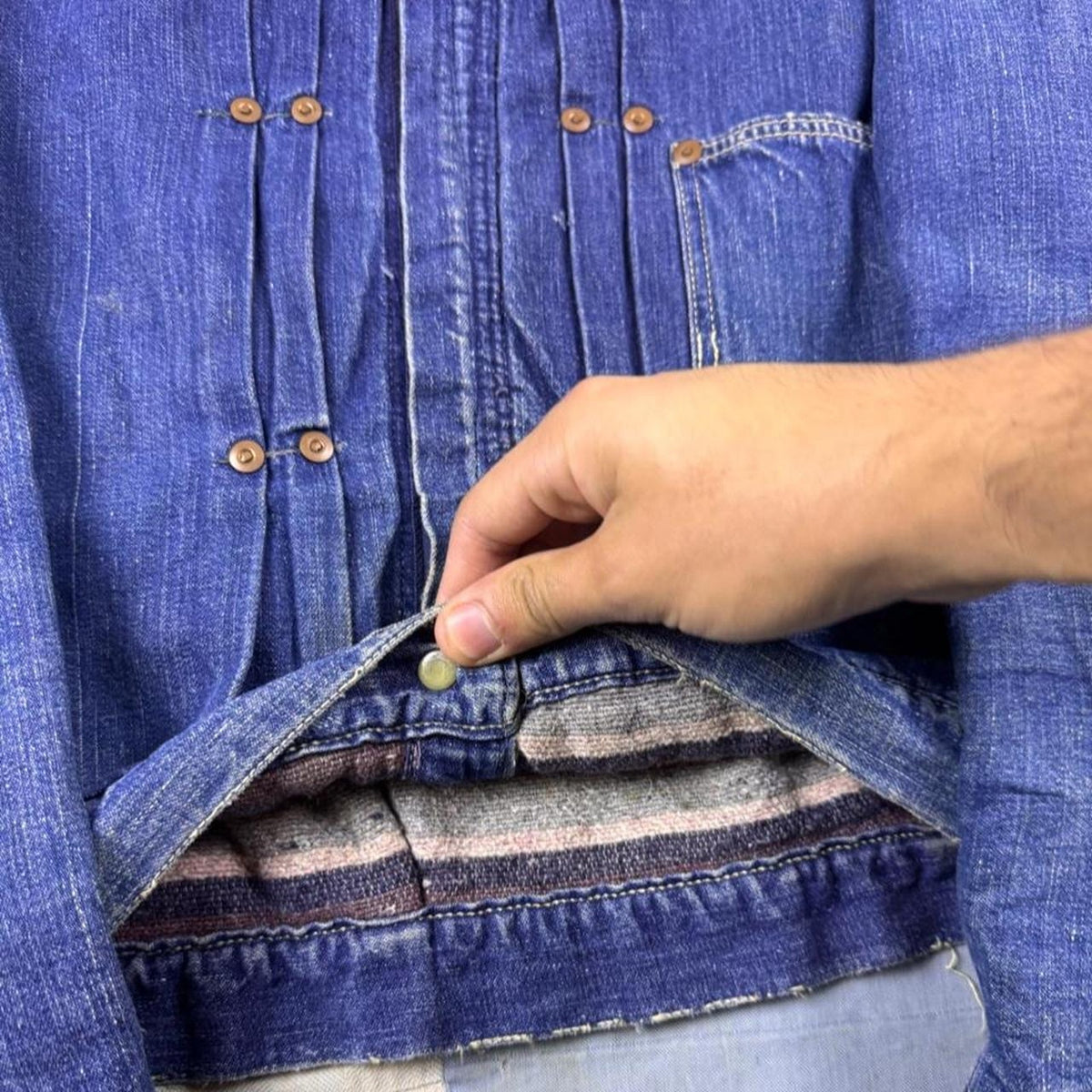 1950s Circle Ranch Blanket Lined Pleated Denim Jacket Riveted Workwear 17.5x21