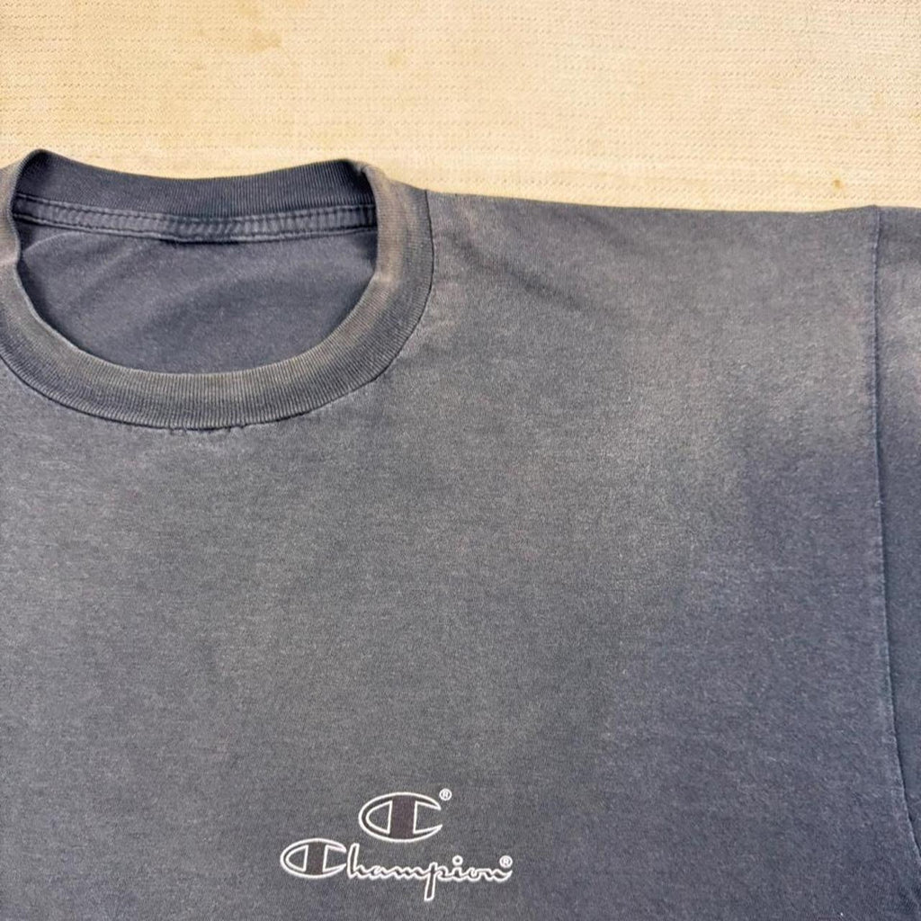 1990s Champion Script Logo Faded Black Tee | Large