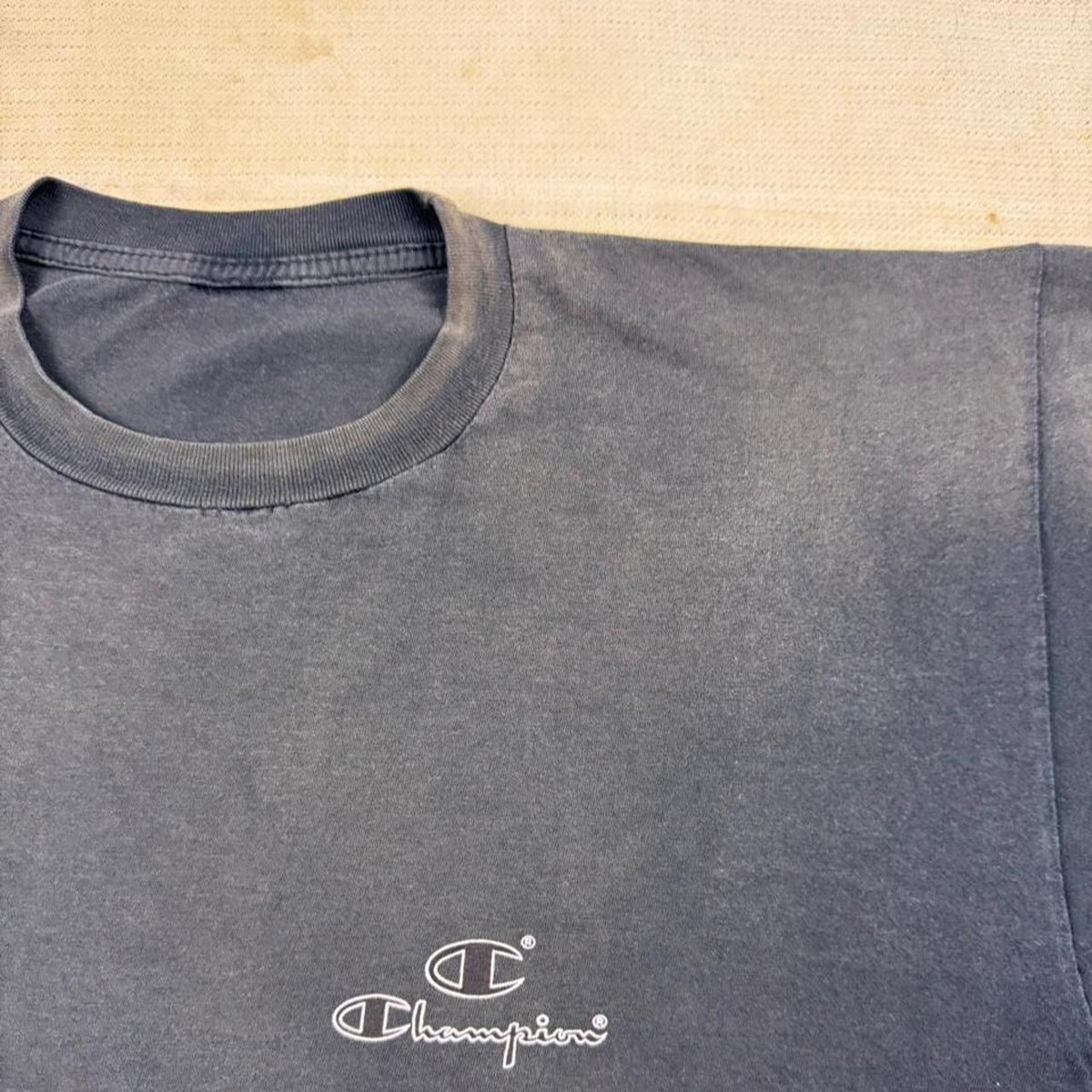 1990s Champion Script Logo Faded Black Tee | Large