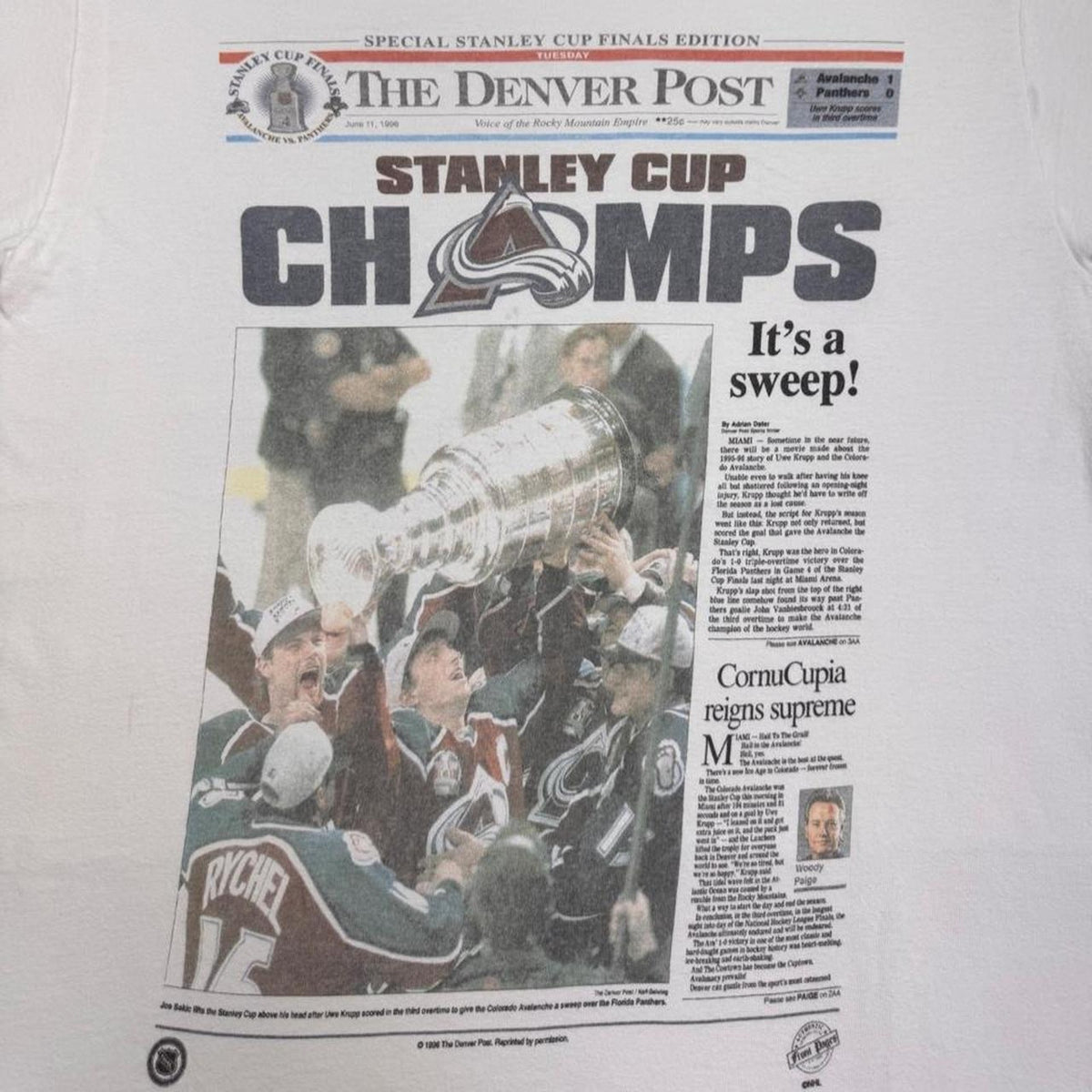 1996 Colorado Avalanche Stanley Cup Champs Denver Post Tee | M